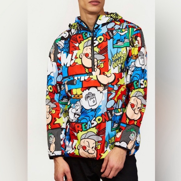 Reason Popeye Multicolor Graphic Jacket All Over Comic print Rain Windbreaker - Picture 4 of 10